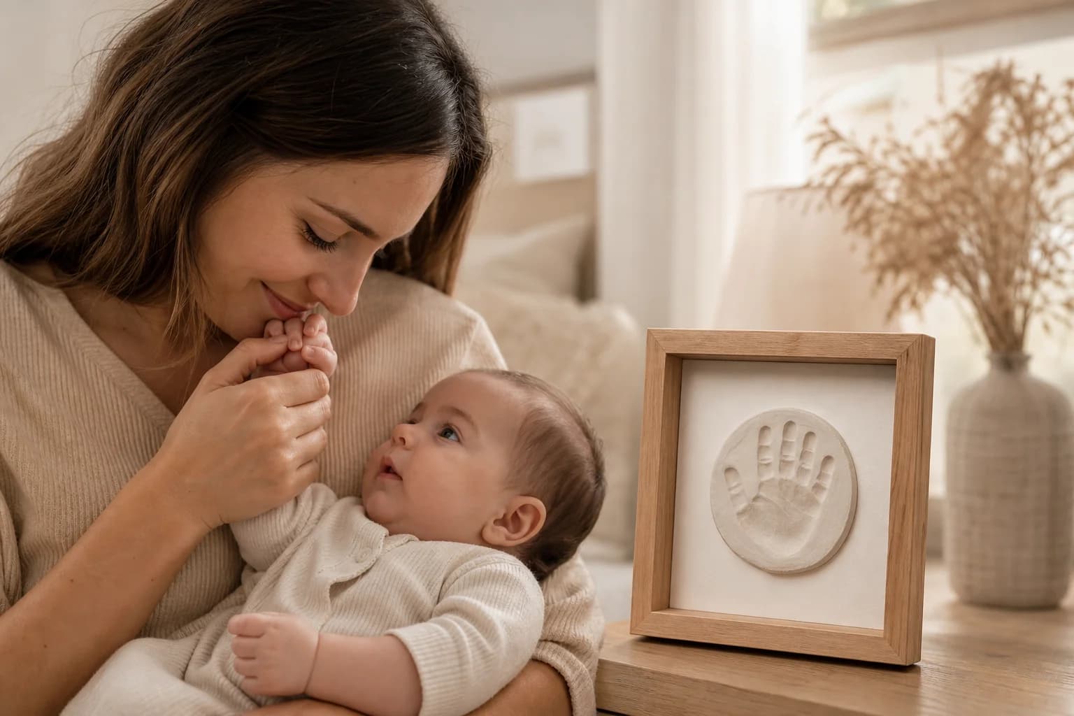 A mother holding her baby's tiny hand beside a finished keepsake frame