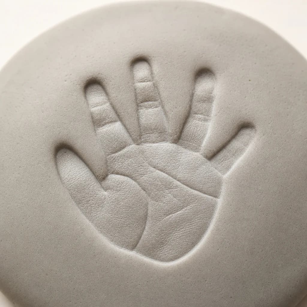 A dried clay handprint impression ready for framing
