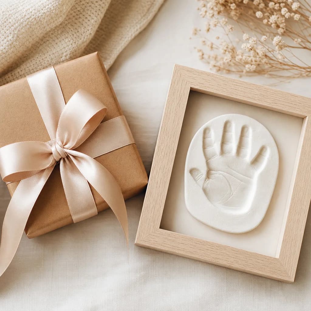A wrapped gift beside a keepsake frame